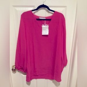 Hot Pink Top, V Neck, Balloon Sleeve, lightweight, Size XL